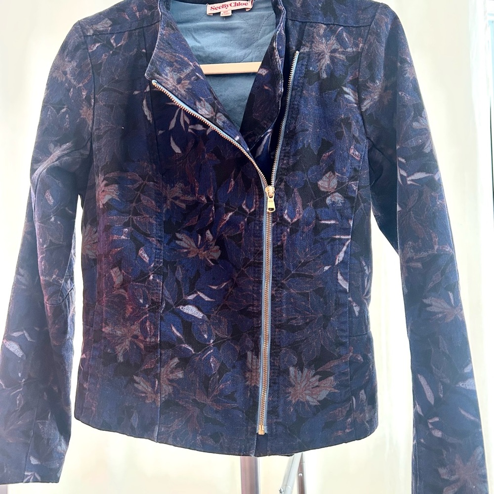 See By Chloe Navy Floral biker Jean Jacket